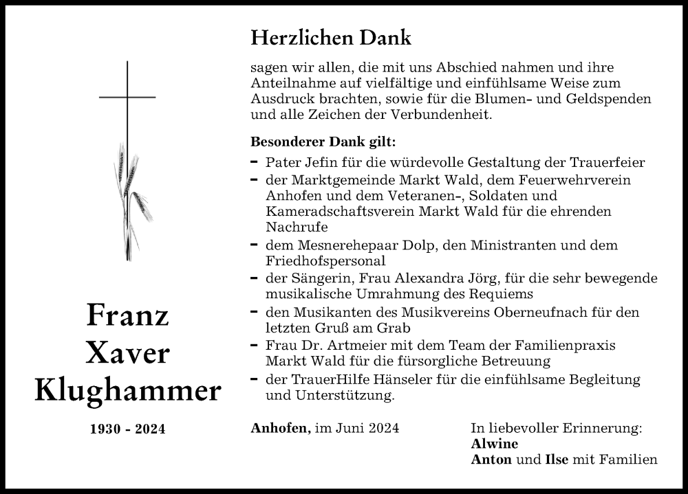 Traueranzeige von Franz Xaver Klughammer von Mindelheimer Zeitung