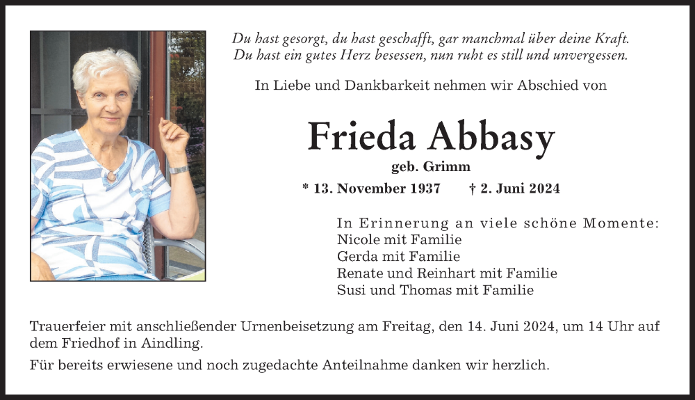 Traueranzeige von Frieda Abbasy von Aichacher Nachrichten, Augsburger Allgemeine