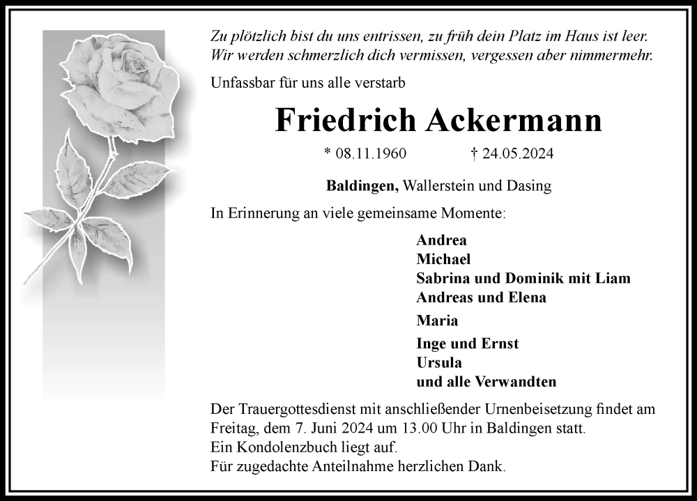 Traueranzeige von Friedrich Ackermann von Rieser Nachrichten