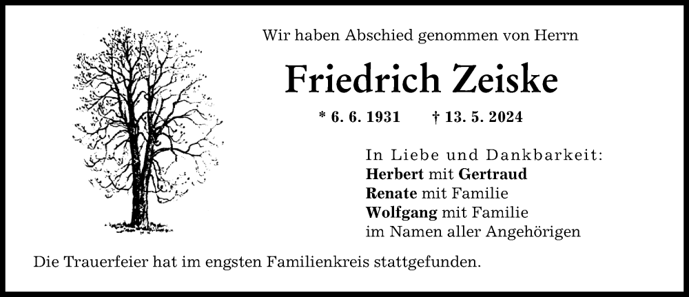 Traueranzeige von Friedrich Zeiske von Friedberger Allgemeine