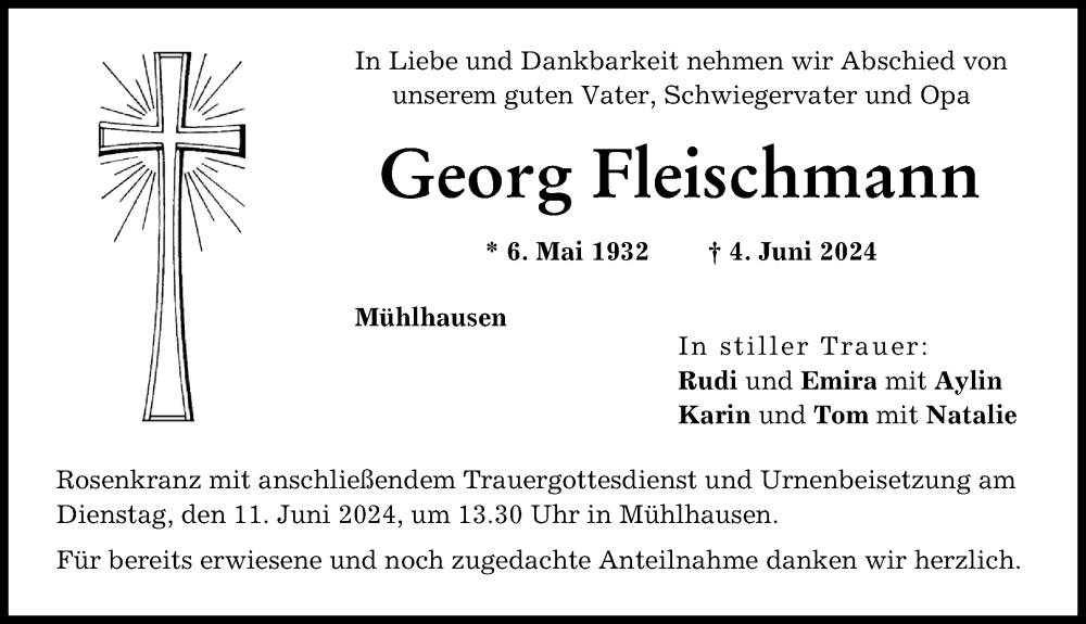 Traueranzeige von Georg Fleischmann von Friedberger Allgemeine, Aichacher Nachrichten