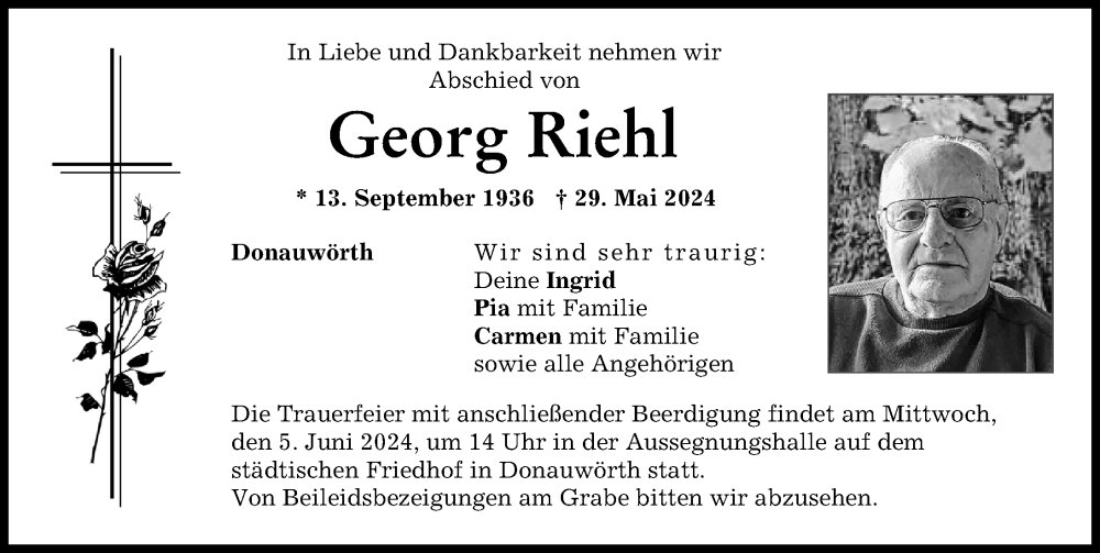 Traueranzeige von Georg Riehl von Donauwörther Zeitung