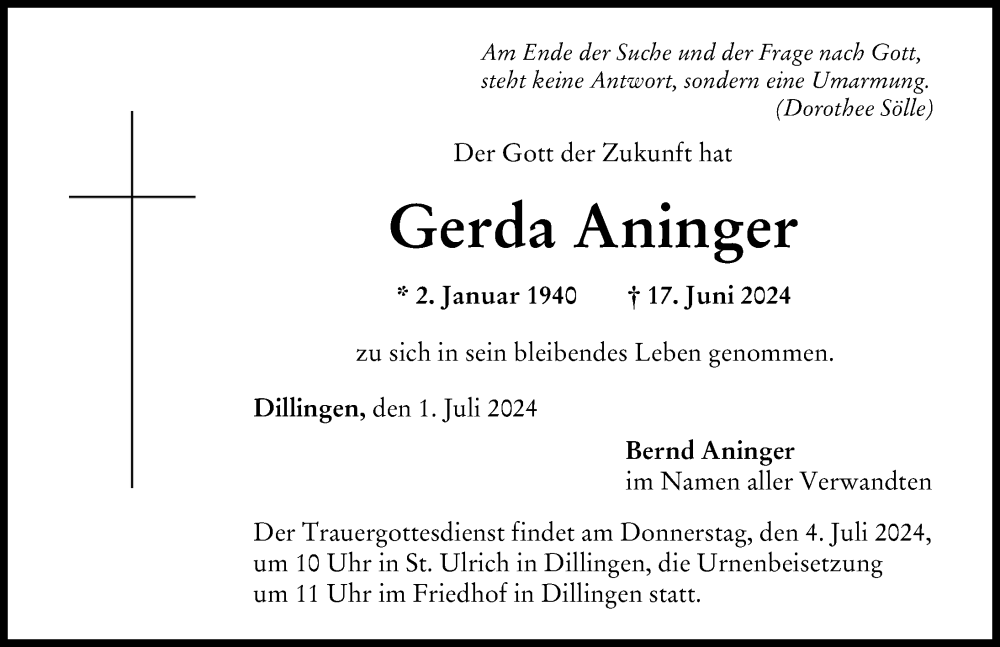 Traueranzeige von Gerda Aninger von Donau Zeitung