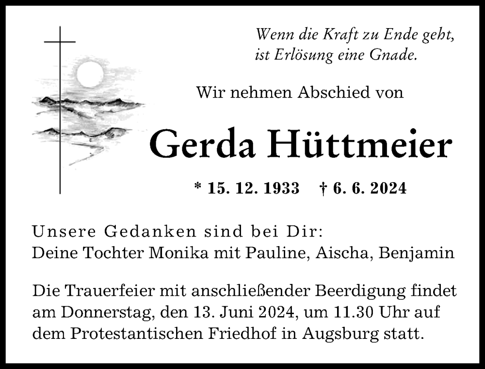 Traueranzeige von Gerda Hüttmeier von Augsburger Allgemeine