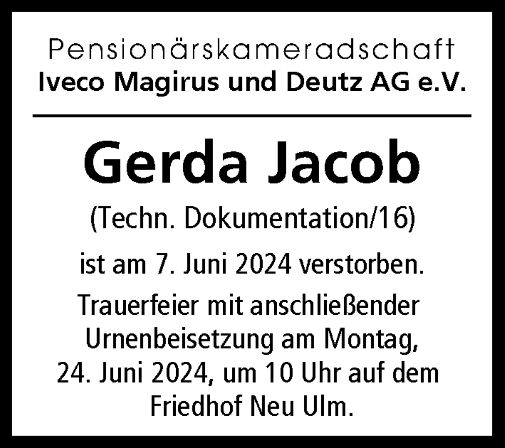 Traueranzeige von Gerda Jacob von Illertisser Zeitung, Günzburger Zeitung, Neu-Ulmer Zeitung