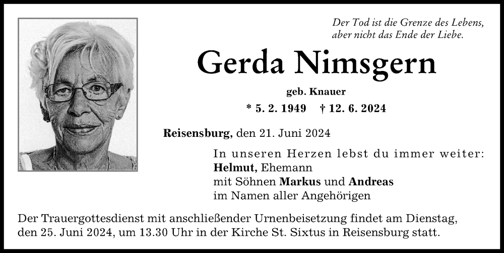 Traueranzeige von Gerda Nimsgern von Günzburger Zeitung