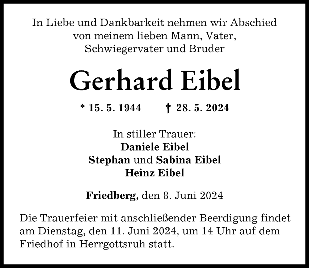 Traueranzeige von Gerhard Eibel von Friedberger Allgemeine