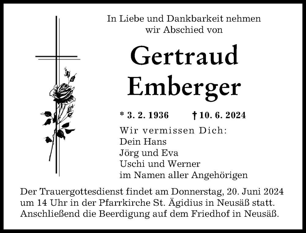 Traueranzeige von Gertraud Emberger von Augsburger Allgemeine