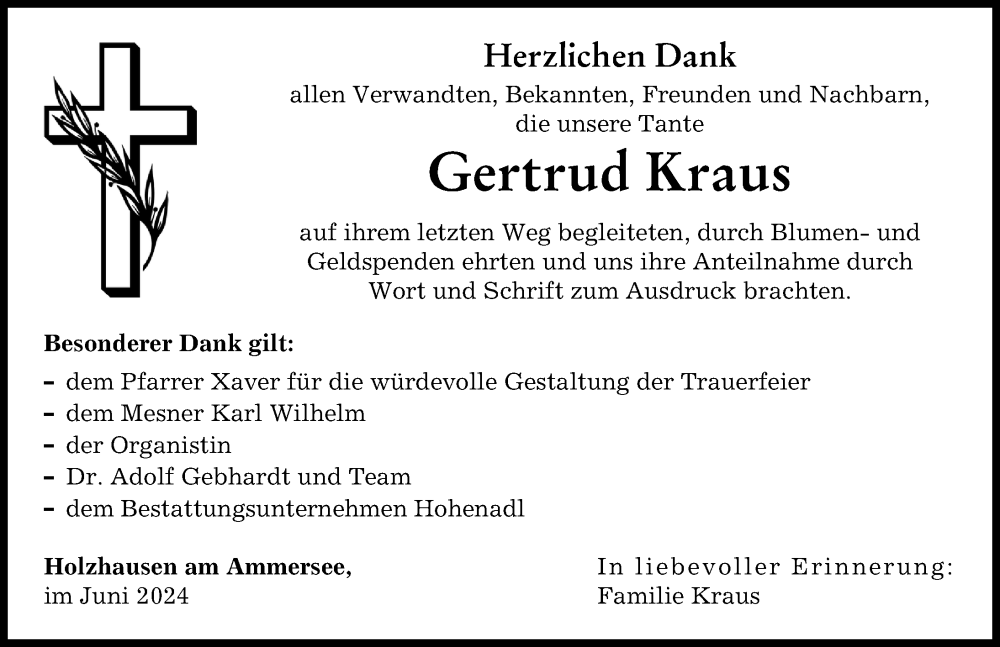 Traueranzeige von Gertrud Kraus von Landsberger Tagblatt