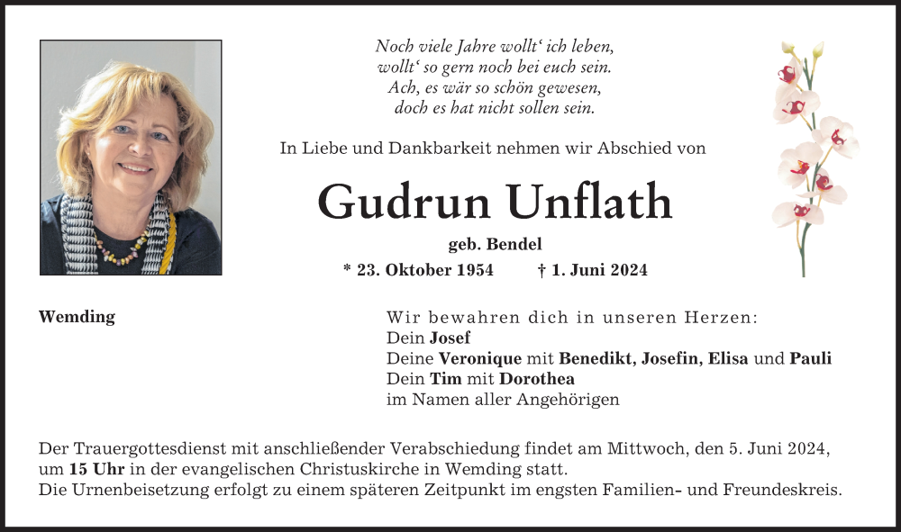 Traueranzeige von Gudrun Unflath von Donauwörther Zeitung