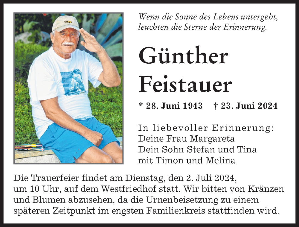 Traueranzeige von Günther Feistauer von Augsburger Allgemeine