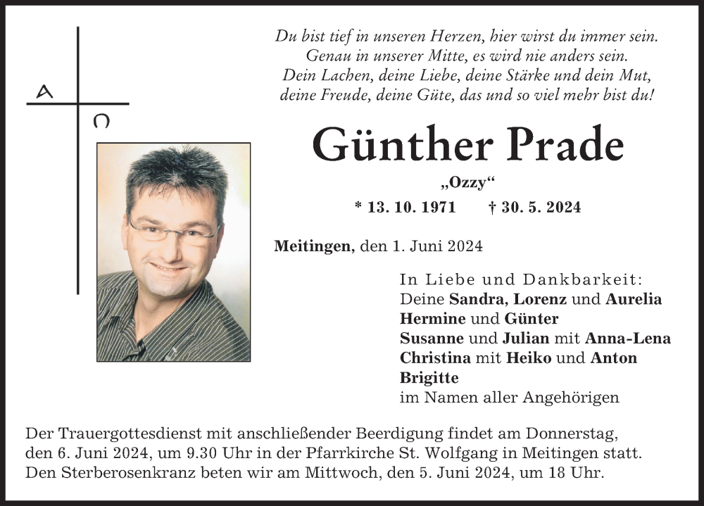  Traueranzeige für Günther Prade vom 01.06.2024 aus Augsburg-Land