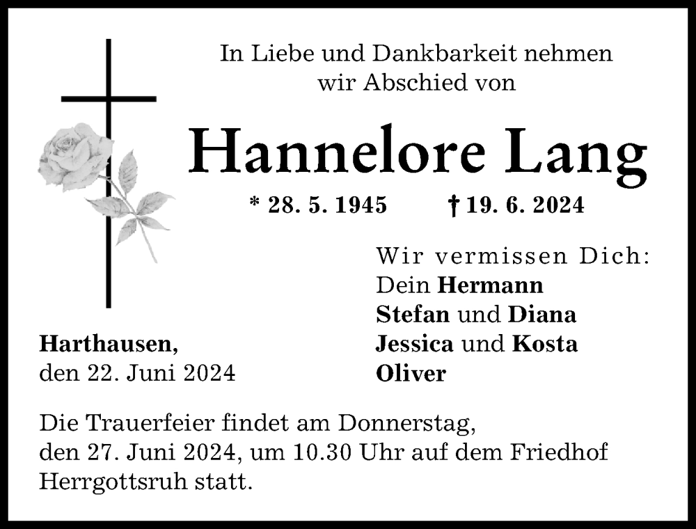 Traueranzeige von Hannelore Lang von Friedberger Allgemeine
