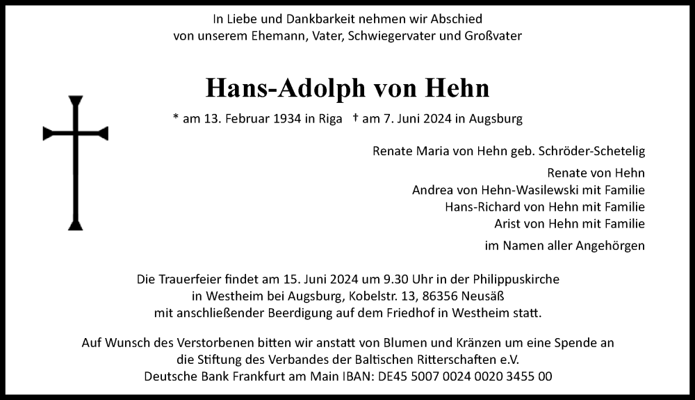 Traueranzeige von Hans-Adolph von Hehn von Augsburger Allgemeine