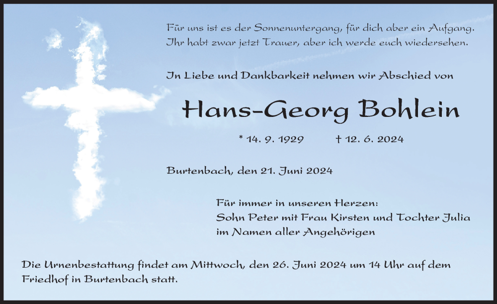 Traueranzeige von Hans-Georg Bohlein von Günzburger Zeitung