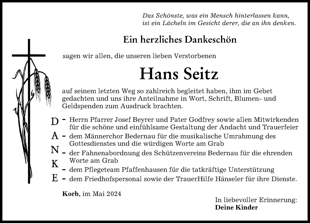 Traueranzeige von Hans Seitz von Mindelheimer Zeitung