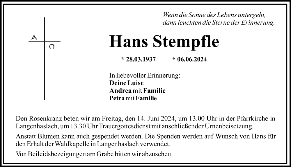 Traueranzeige von Hans Stempfle von Mittelschwäbische Nachrichten