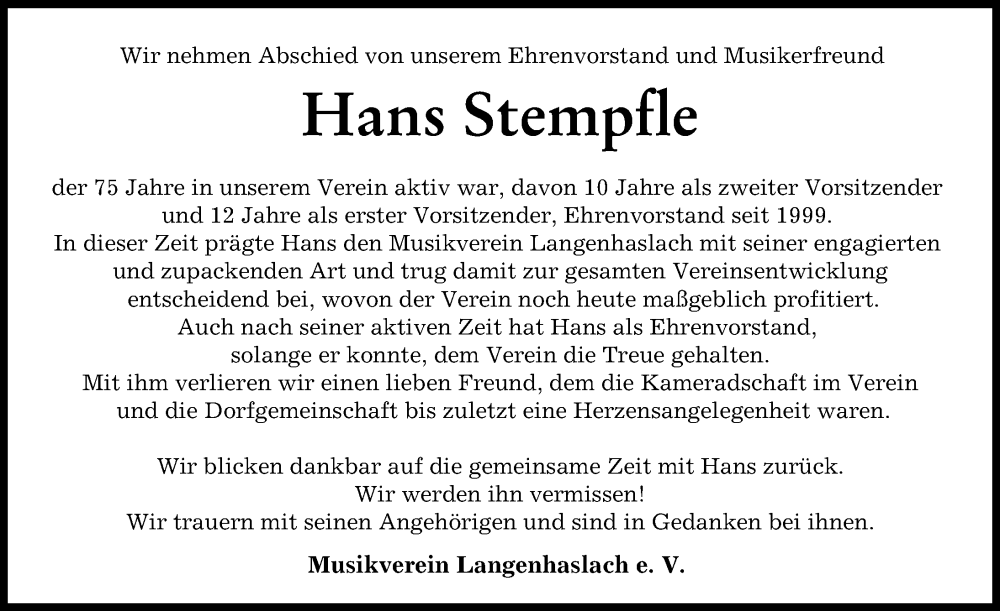 Traueranzeige von Hans Stempfle von Mittelschwäbische Nachrichten