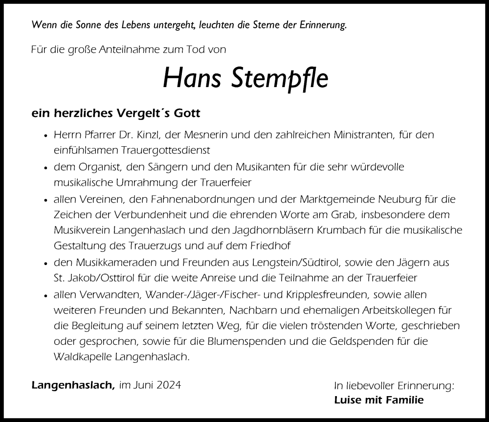 Traueranzeige von Hans Stempfle von Mittelschwäbische Nachrichten