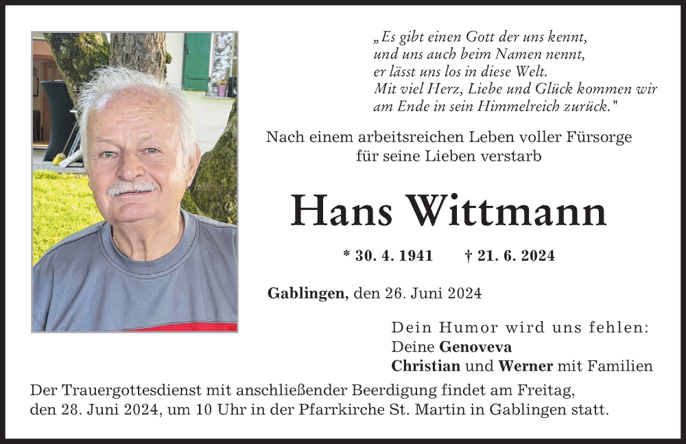 Traueranzeige von Hans Wittmann von Augsburg-Land