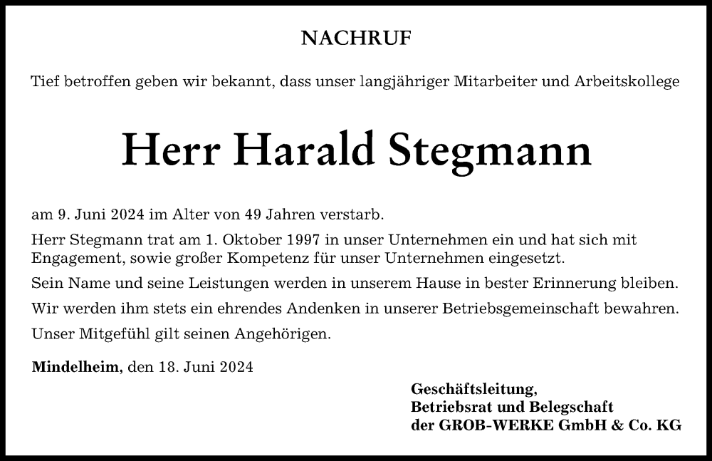 Traueranzeige von Harald Stegmann von Mindelheimer Zeitung