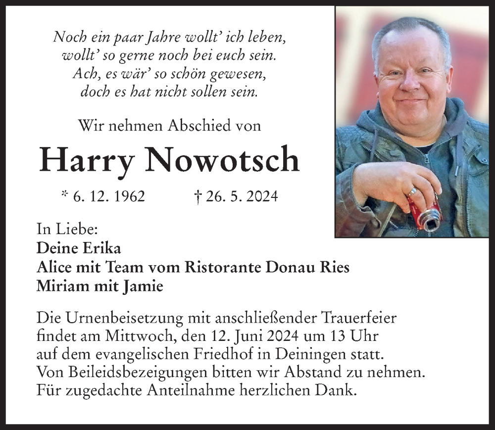 Traueranzeige von Harry Nowotsch von Rieser Nachrichten