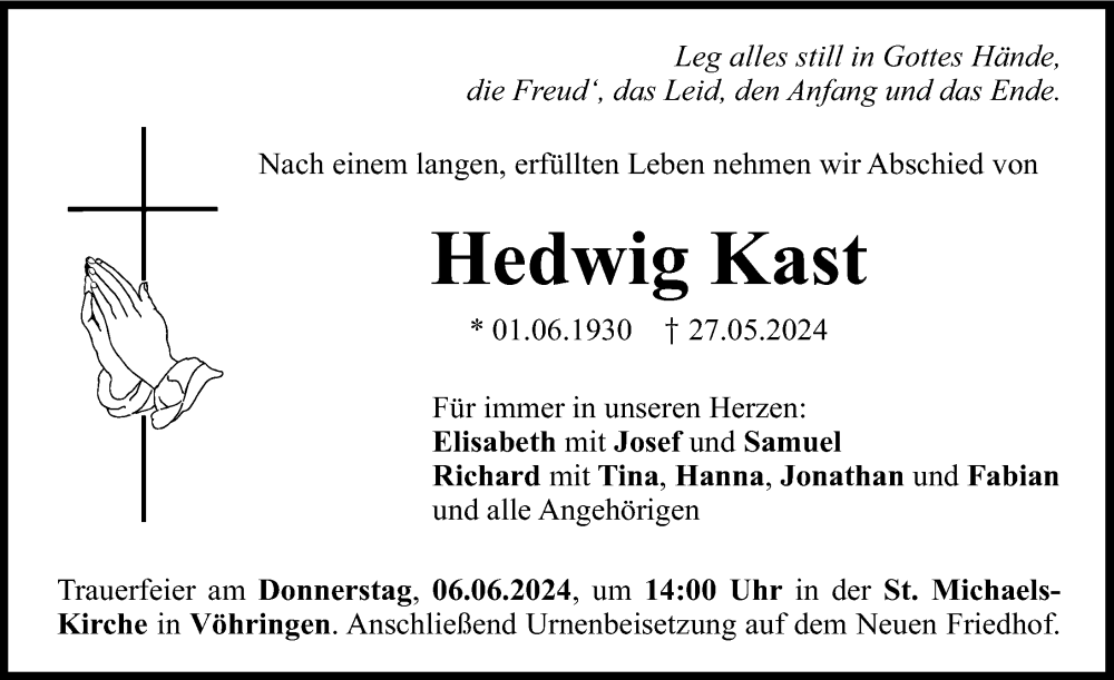 Traueranzeige von Hedwig Kast von Illertisser Zeitung