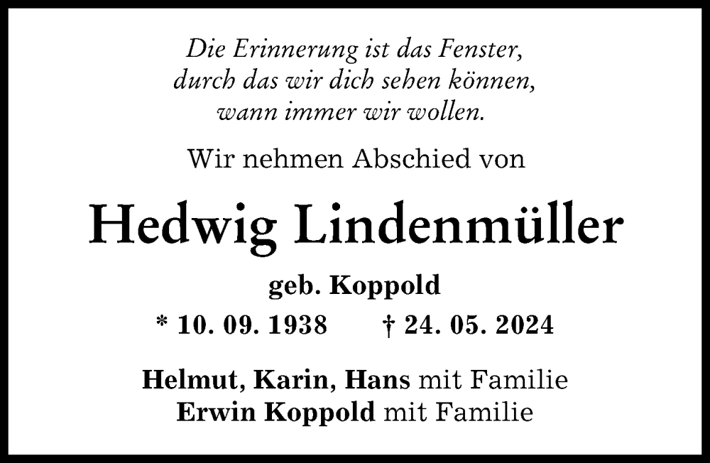 Traueranzeige von Hedwig Lindenmüller von Landsberger Tagblatt