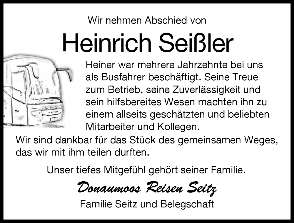 Traueranzeige von Heinrich Seißler von Neuburger Rundschau