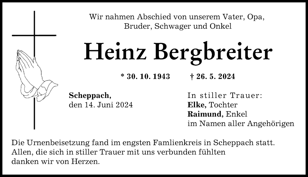 Traueranzeige von Heinz Bergbreiter von Günzburger Zeitung