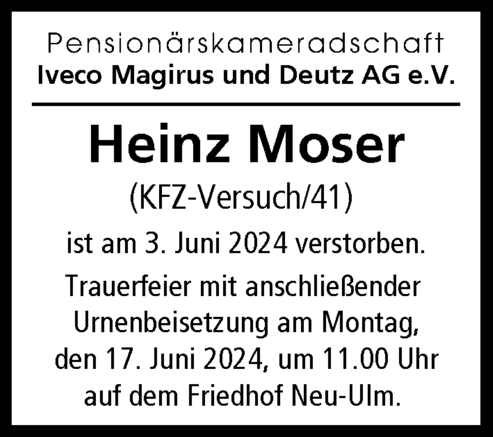Traueranzeige von Heinz Moser von Illertisser Zeitung, Günzburger Zeitung, Neu-Ulmer Zeitung