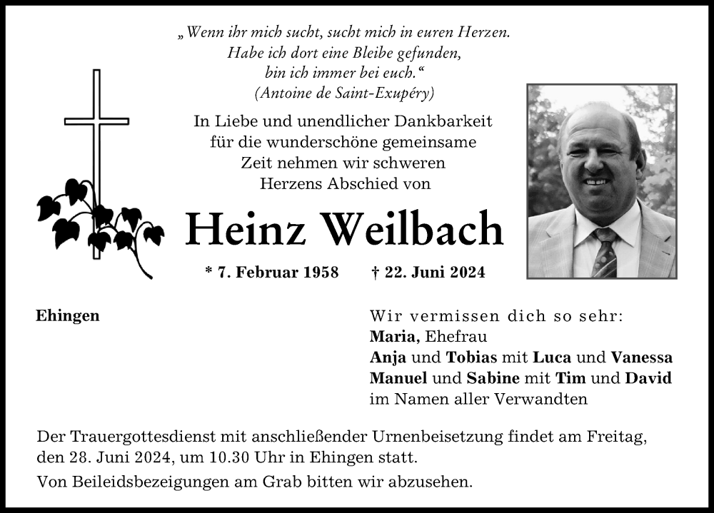 Traueranzeige von Heinz Weilbach von Augsburg-Land