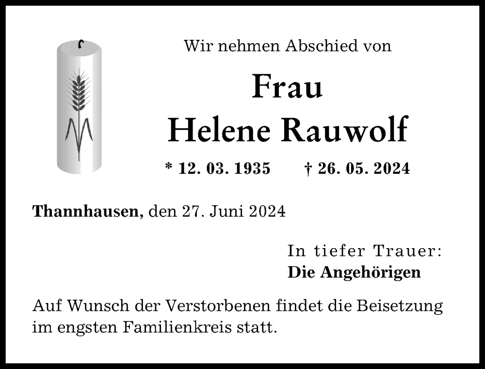 Traueranzeige von Helene Rauwolf von Mittelschwäbische Nachrichten