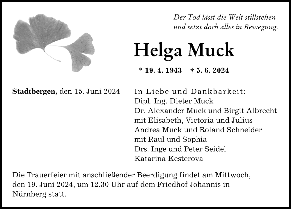 Traueranzeige von Helga Muck von Augsburger Allgemeine