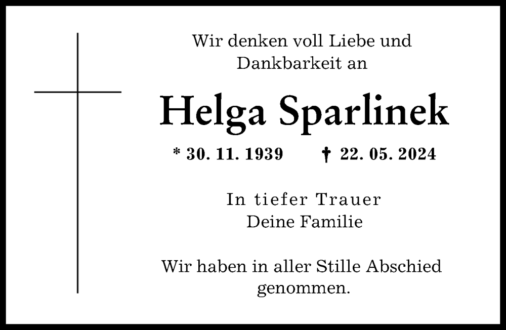 Traueranzeige von Helga Sparlinek von Schwabmünchner Allgemeine