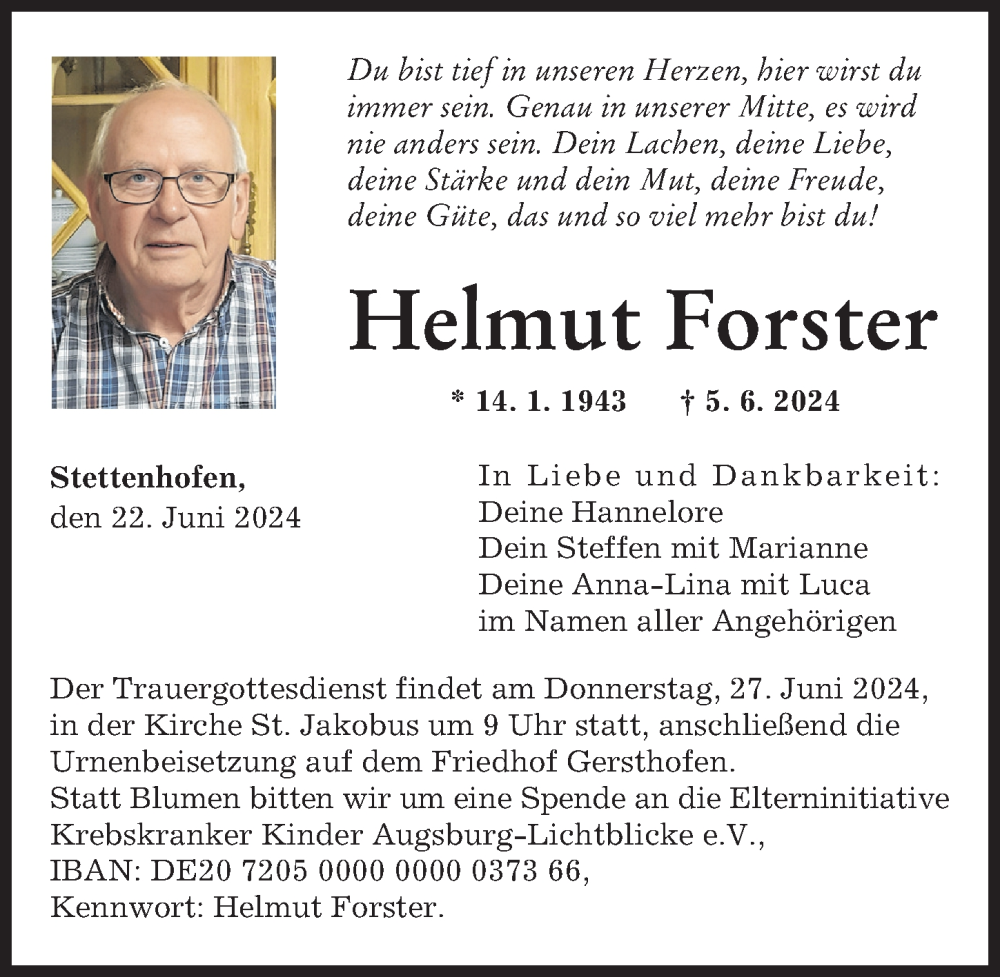 Traueranzeige von Helmut Forster von Augsburger Allgemeine
