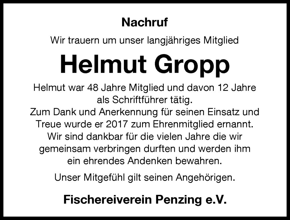 Traueranzeige von Helmut Gropp von Landsberger Tagblatt