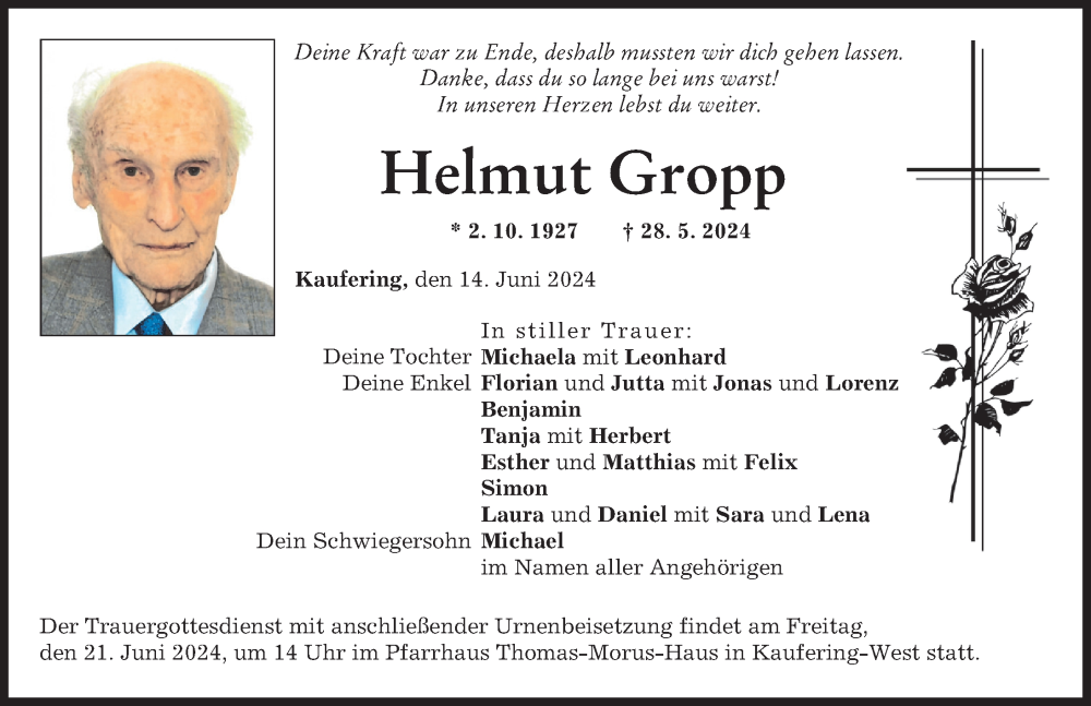 Traueranzeige von Helmut Gropp von Landsberger Tagblatt