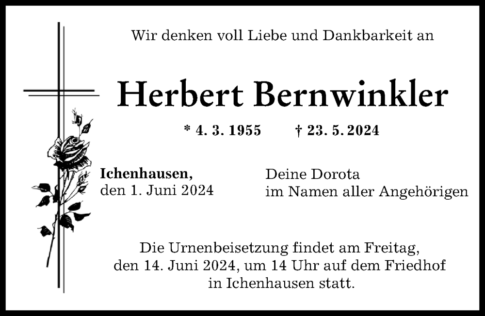 Traueranzeige von Herbert Bernwinkler von Günzburger Zeitung