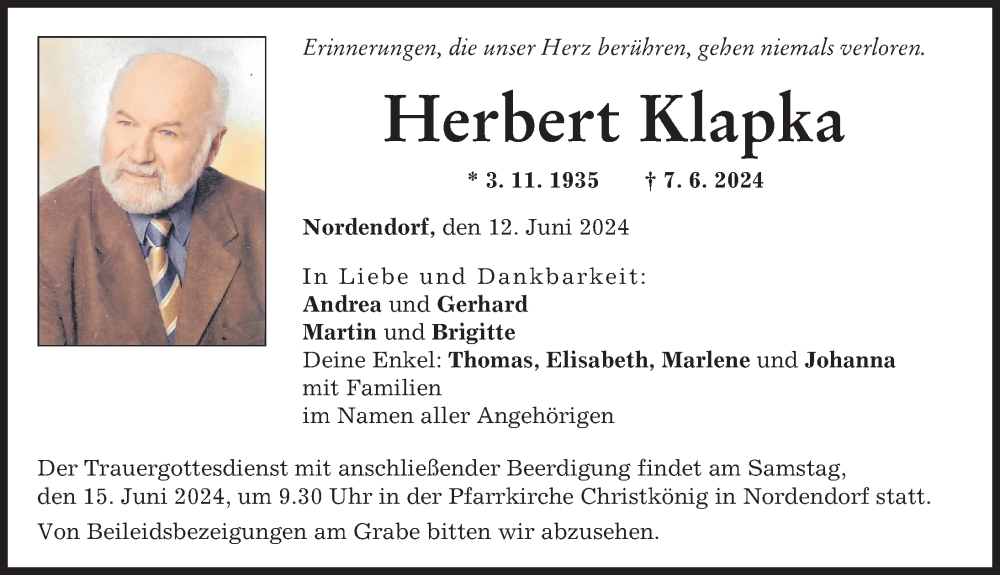 Traueranzeige von Herbert Klapka von Wertinger Zeitung, Augsburg-Land