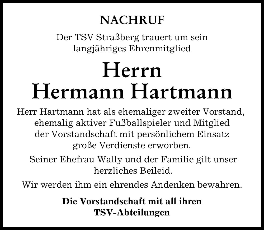Traueranzeige von Hermann Hartmann von Schwabmünchner Allgemeine