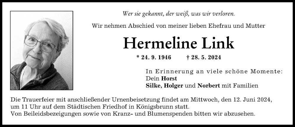 Traueranzeige von Hermeline Link von Schwabmünchner Allgemeine