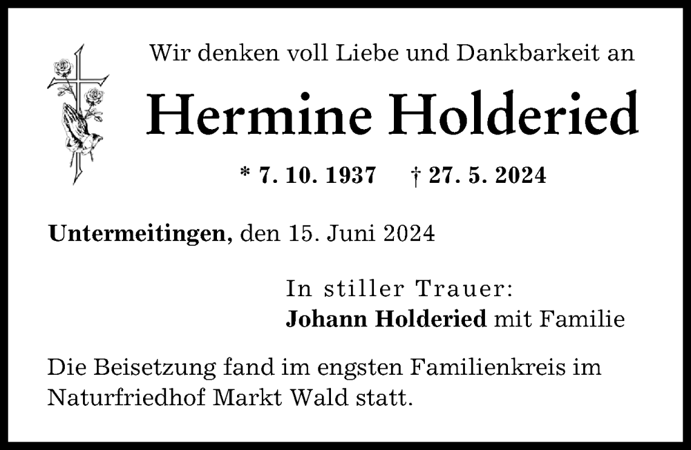 Traueranzeige von Hermine Holderied von Schwabmünchner Allgemeine