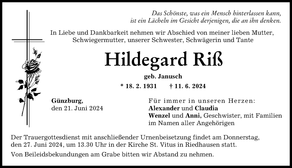 Traueranzeige von Hildegard Riß von Günzburger Zeitung