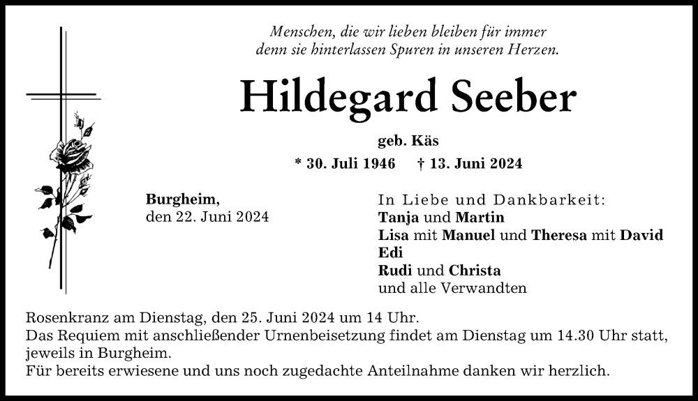 Traueranzeige von Hildegard Seeber von Neuburger Rundschau