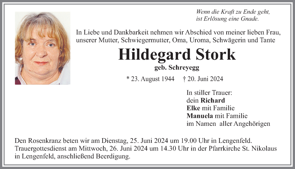 Traueranzeige von Hildegard Stork von Landsberger Tagblatt