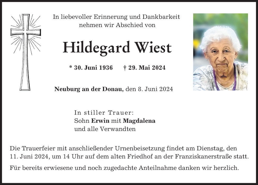 Traueranzeige von Hildegard Wiest von Neuburger Rundschau