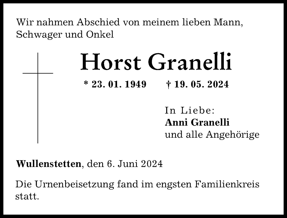 Traueranzeige von Horst Granelli von Neu-Ulmer Zeitung