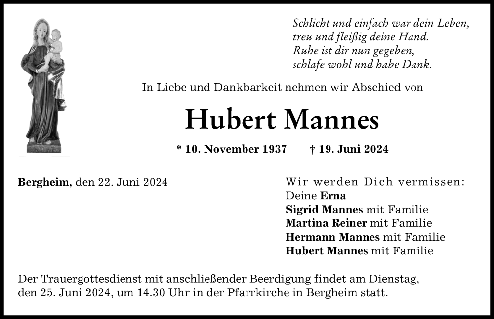 Traueranzeige von Hubert Mannes von Donau Zeitung