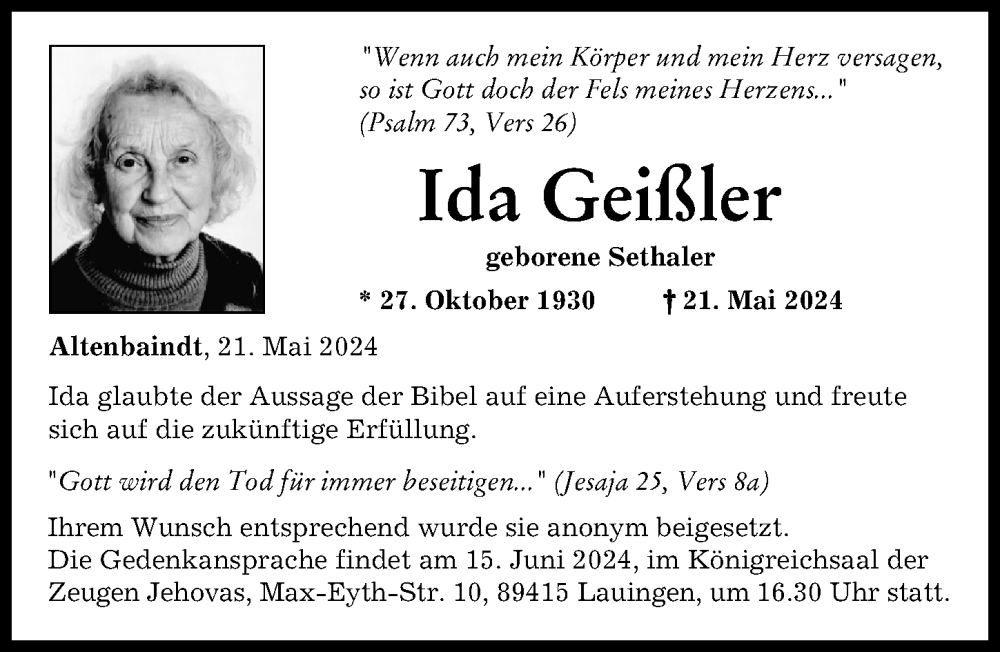 Traueranzeige von Ida Geißler von Donau Zeitung